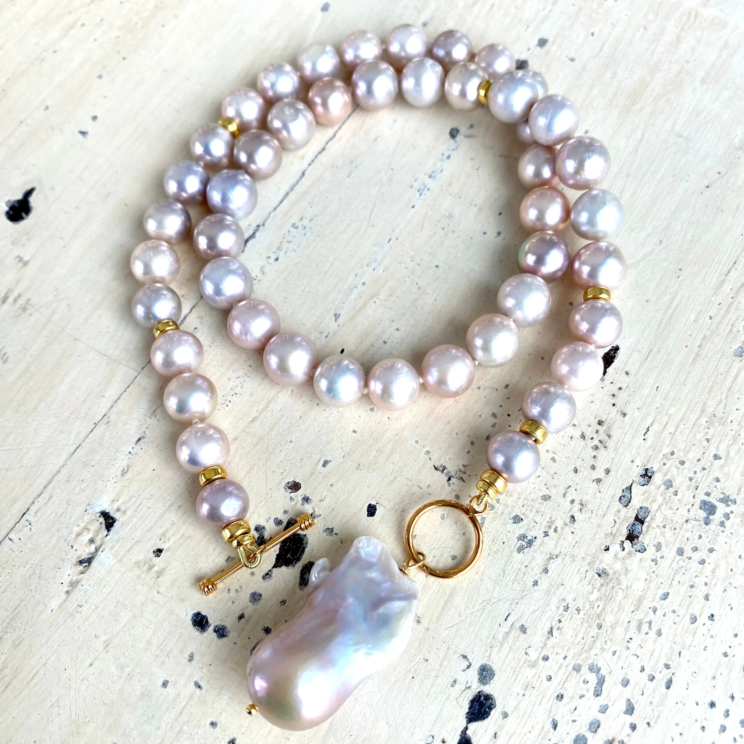 Lavender Pink Round Pearl Necklace w Baroque Pearl Charm Pendant, Vermeil Details, 18Inches