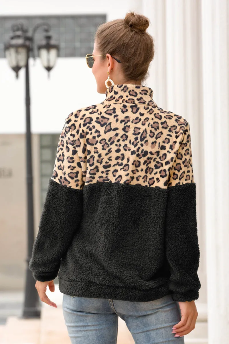 Leopard Zip-Up Turtle Neck Dropped Shoulder Sweatshirt