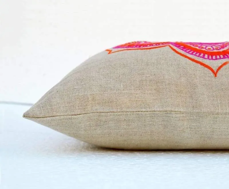 Mandala linen pillow cover, embroidered pillow case, tribal, indian craft pillow, ethnic, 16"X16"