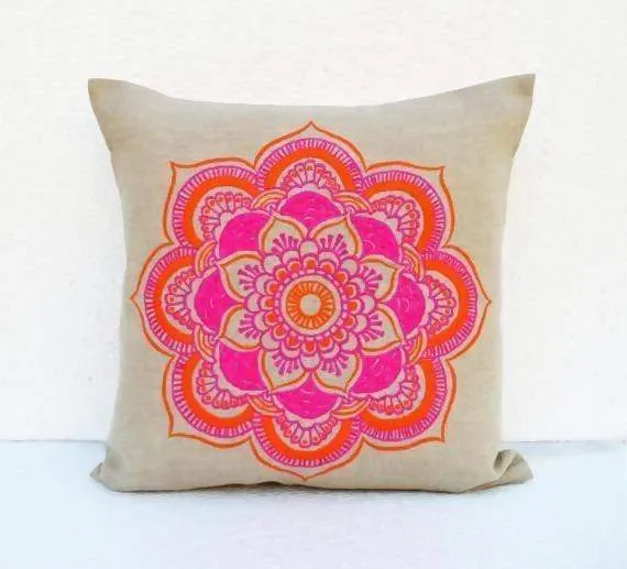 Mandala linen pillow cover, embroidered pillow case, tribal, indian craft pillow, ethnic, 16"X16"