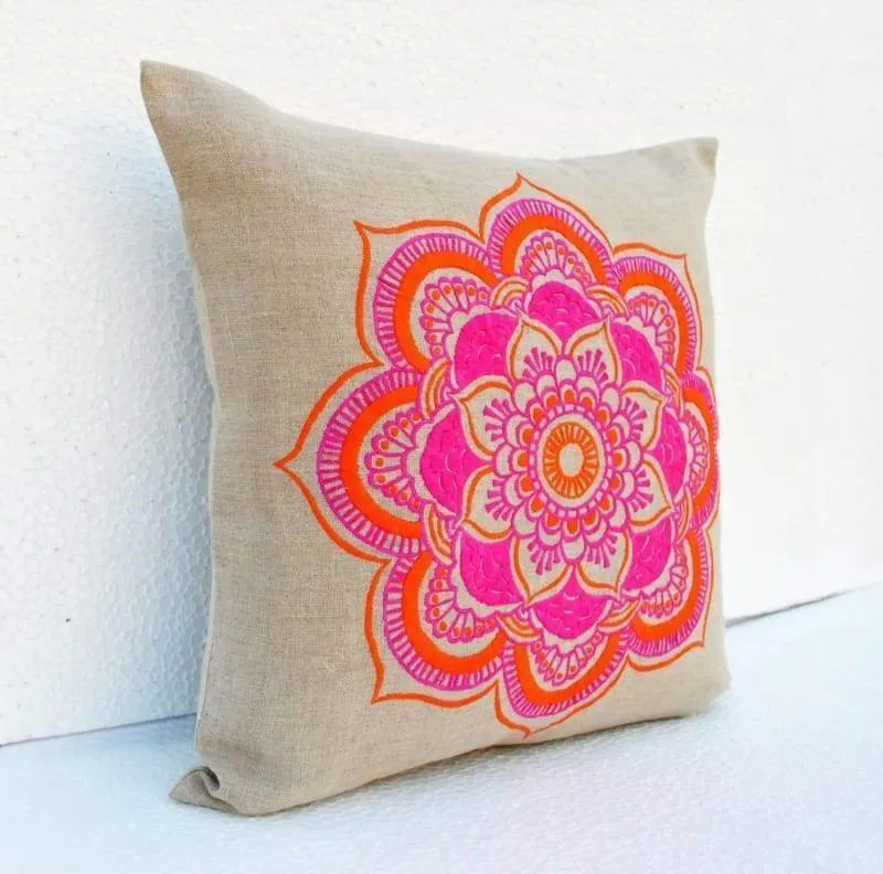 Mandala linen pillow cover, embroidered pillow case, tribal, indian craft pillow, ethnic, 16"X16"