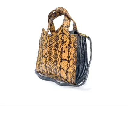 MARTE EGELE Yellow and Black Embossed Genuine Snake Leather Mini Tote Bag