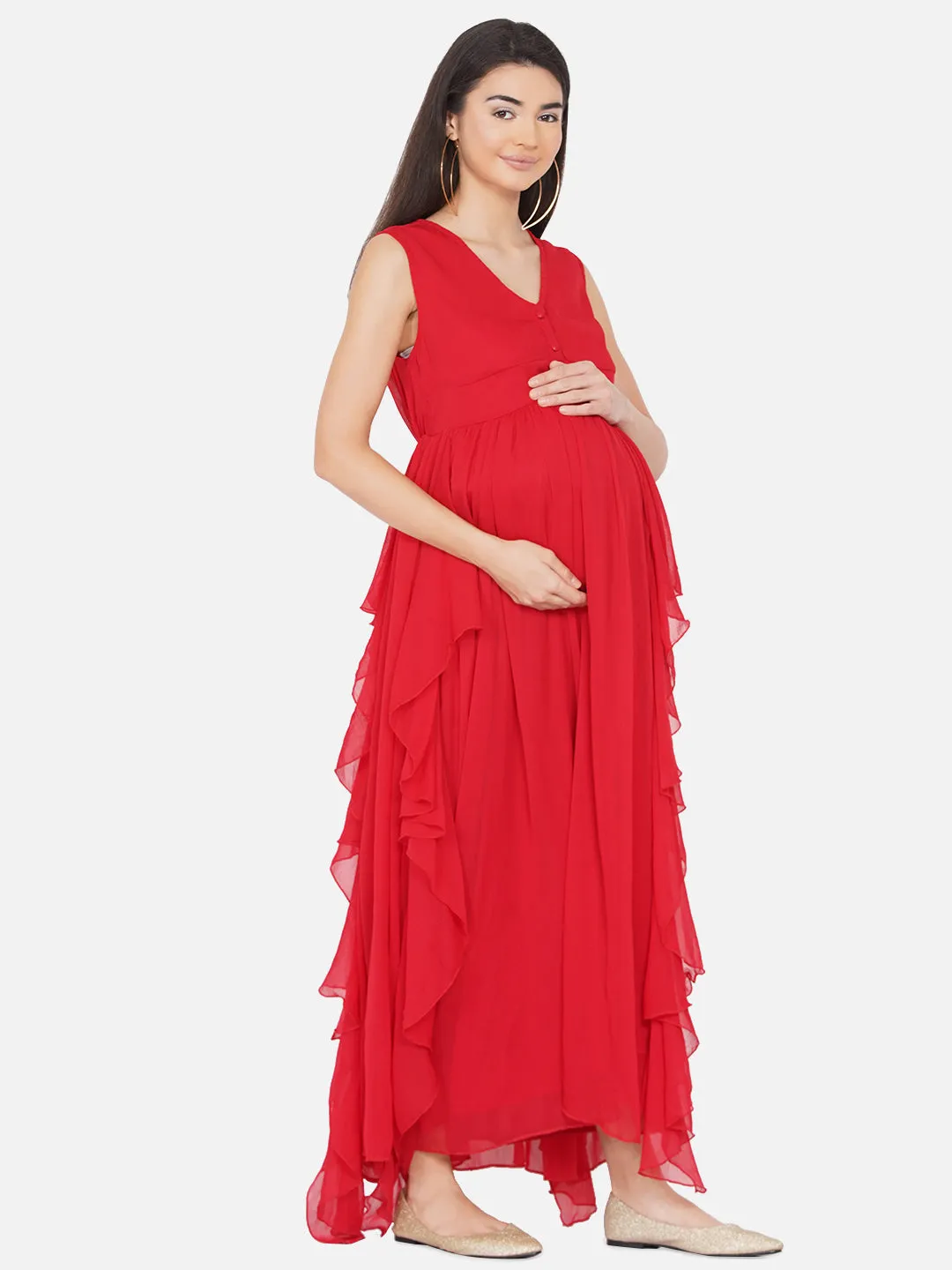 Maternity Solid Red Color Long Maxi Baby Shower Dress