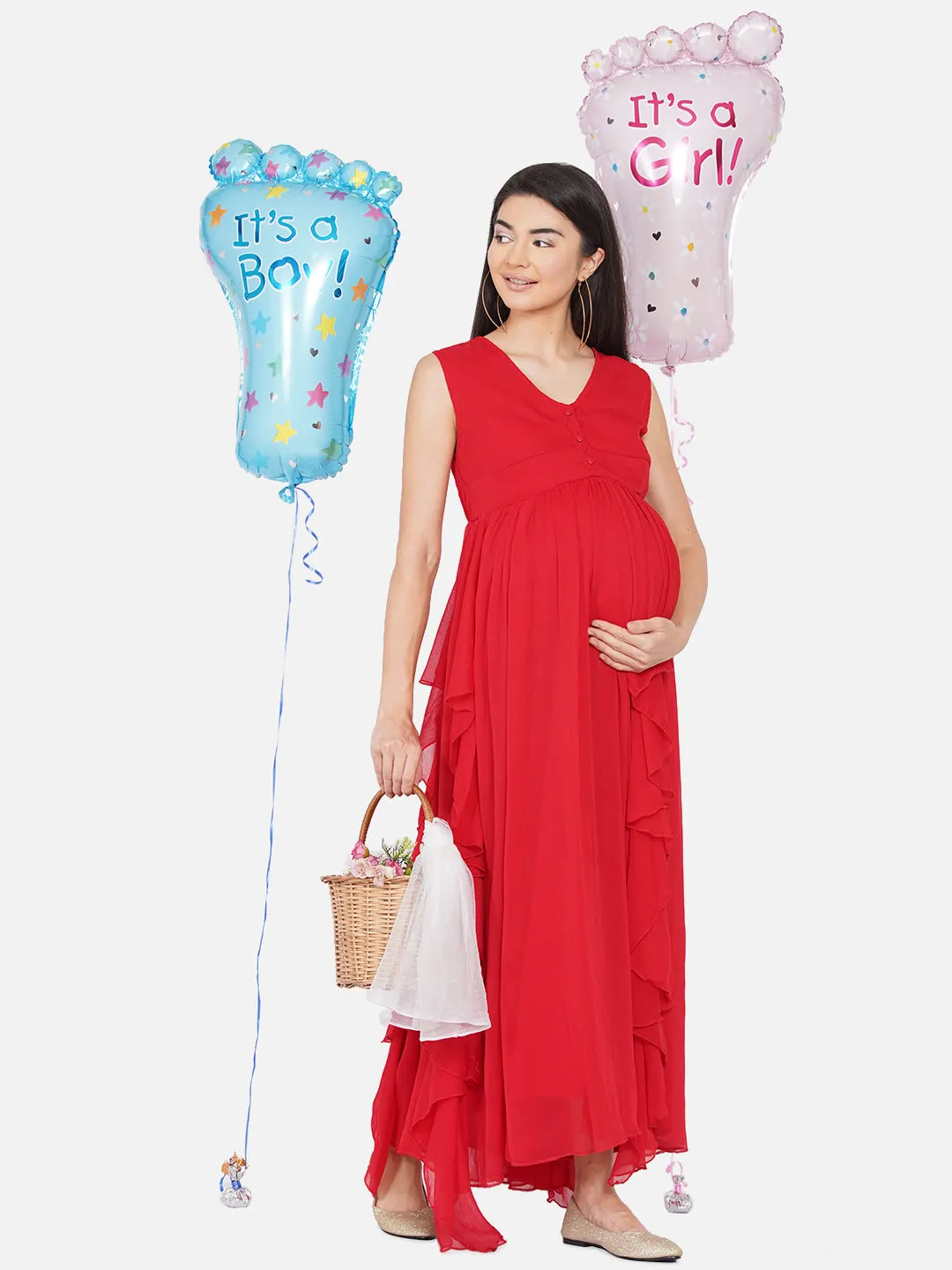 Maternity Solid Red Color Long Maxi Baby Shower Dress