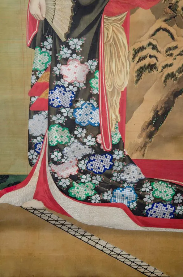 Meiji Period Japanese Imperial Painting on Silk, with Woman in Black Robe