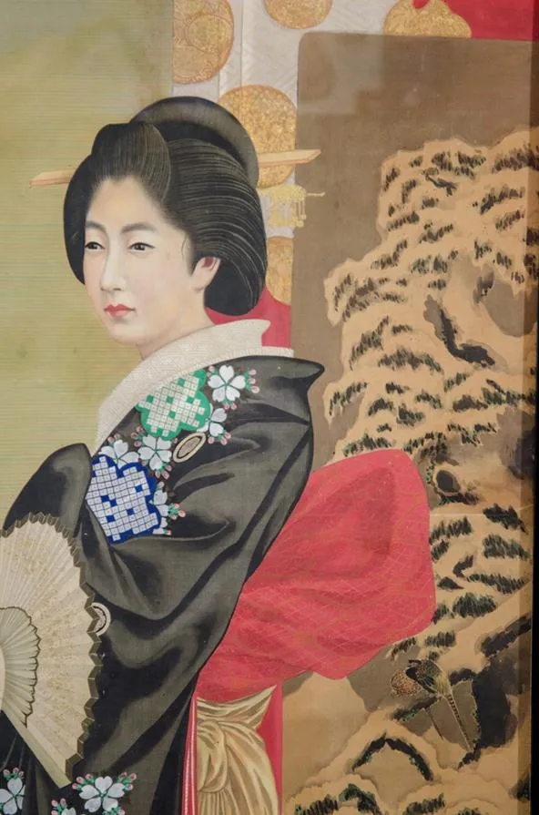 Meiji Period Japanese Imperial Painting on Silk, with Woman in Black Robe