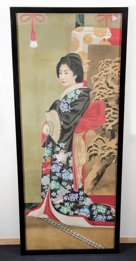 Meiji Period Japanese Imperial Painting on Silk, with Woman in Black Robe