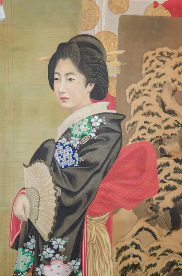 Meiji Period Japanese Imperial Painting on Silk, with Woman in Black Robe