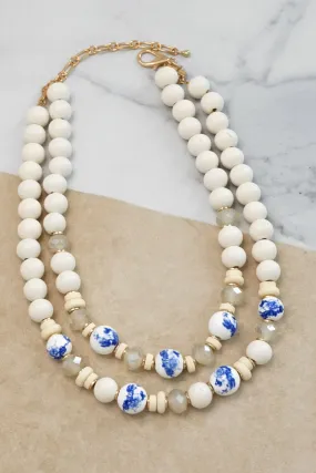 Multi Strand Spring Wood and Chinoiserie Beads Short Necklace in White and Gold