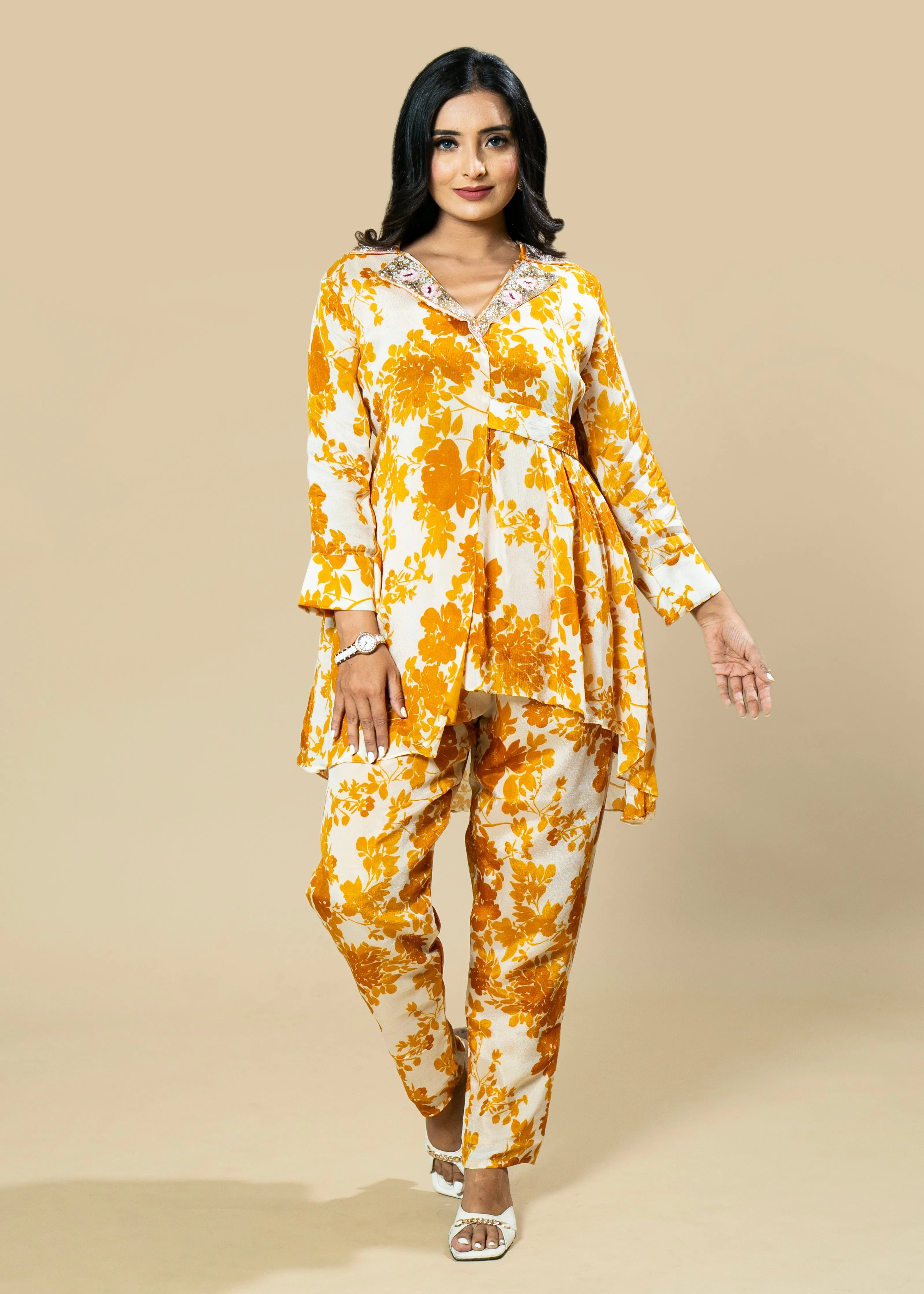 Mustard Cream Chinnon Printed and Hand-Embroidered Designer Coordinate Set