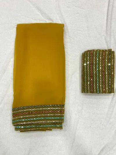 Mustard Yellow Smooth Georgette Multicolour Sequins Work Saree