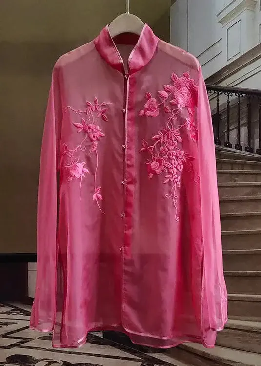 New Rose Embroidered Button Tulle Shirt Long Sleeve CG1052