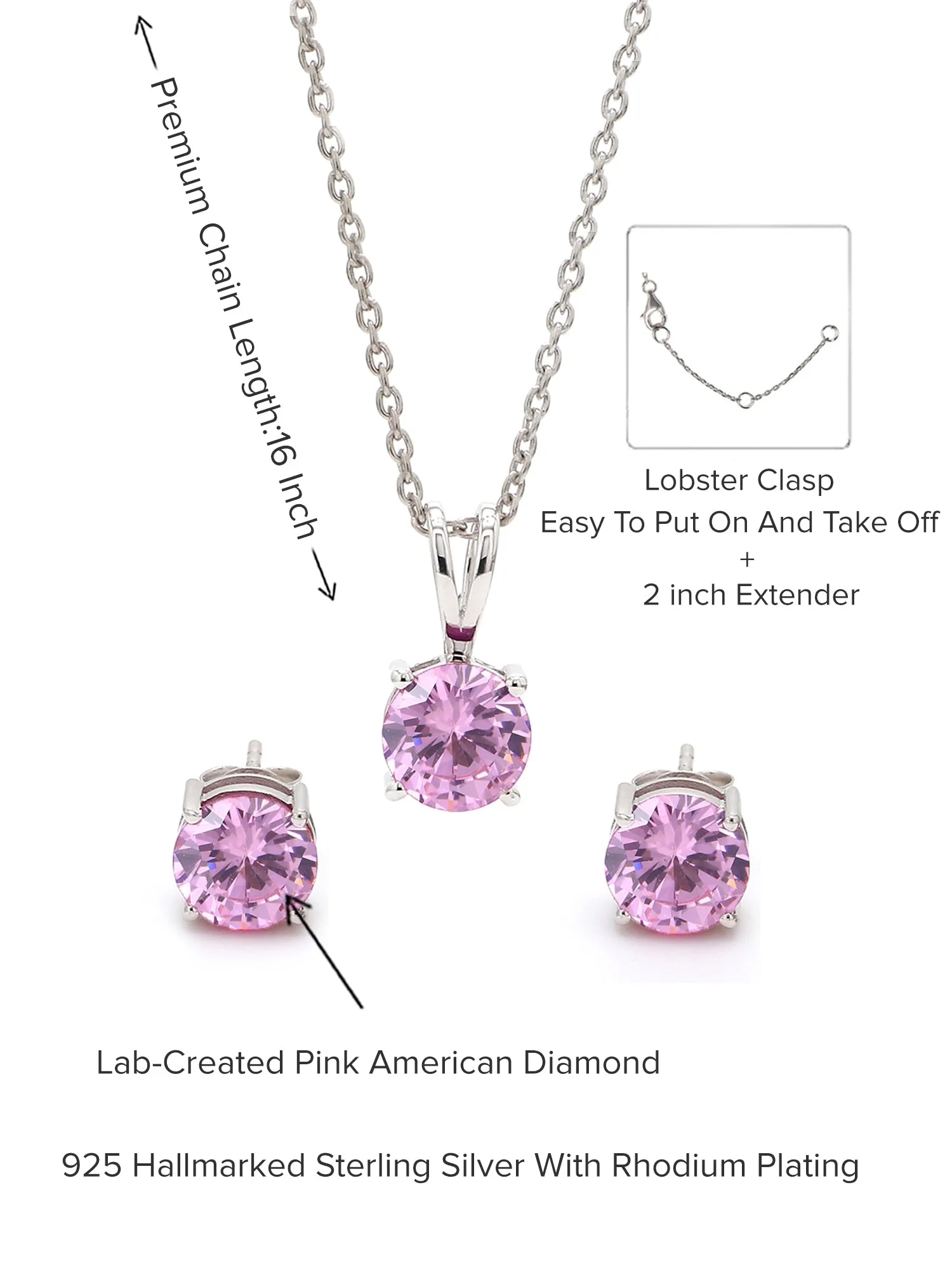 Ornate Jewels Pink Solitaire Necklace With Earrings