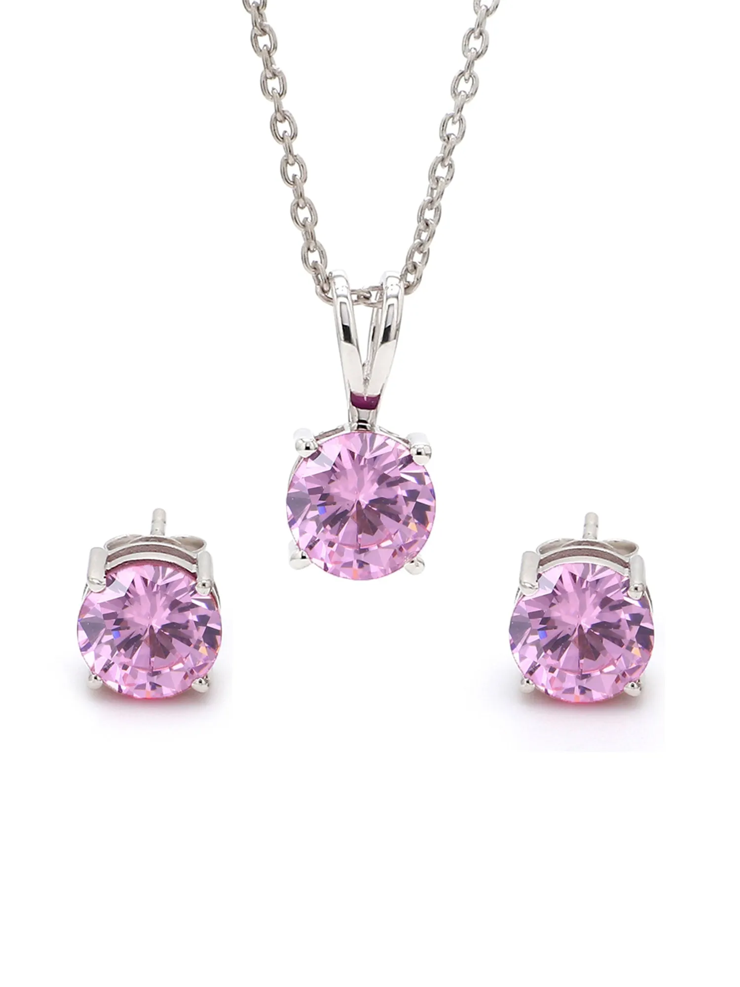 Ornate Jewels Pink Solitaire Necklace With Earrings