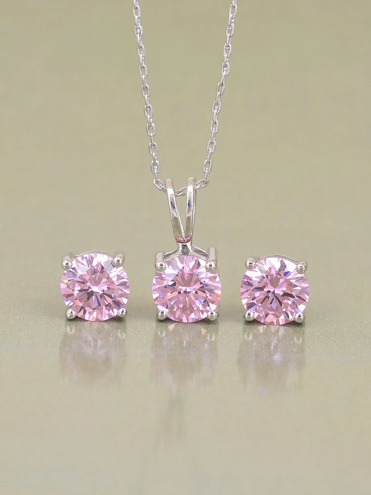 Ornate Jewels Pink Solitaire Necklace With Earrings