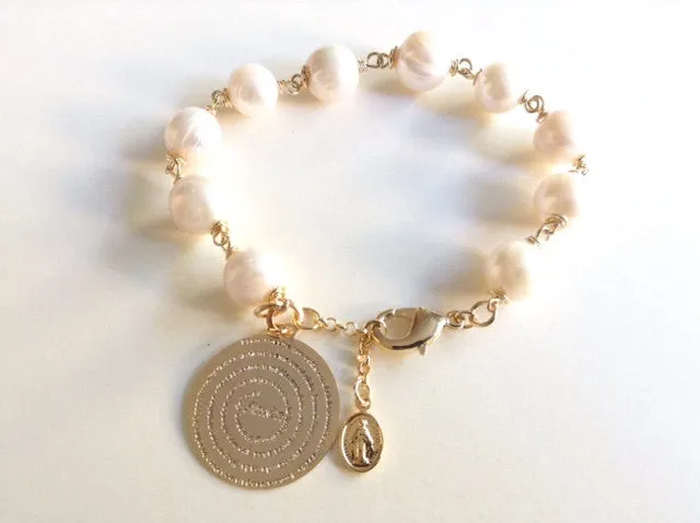 Our Father Prayer Bracelet, Fresh water Pearls Bracelet gold filled pendant Lords Prayer Pulsera Padre Nuestro catholic gift religious medal