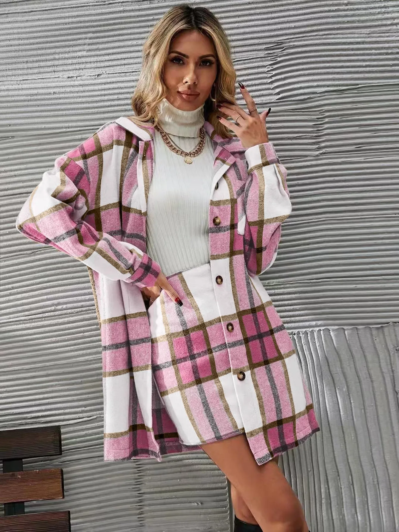 Plaid Print Button Front Overcoat Skirt