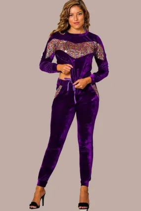 Purple Velvet Sequence Top And Bottom Jumpsuit  Set