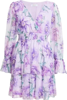 QUIZ  Lilac Chiffon Floral Tiered Long Sleeve Mini Dress UK 16