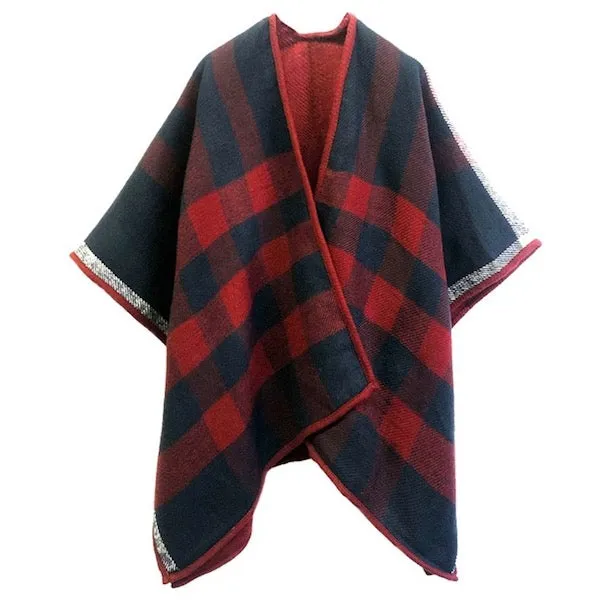 Reversible Plaid Check Pattern Buffalo Check Poncho Ruana