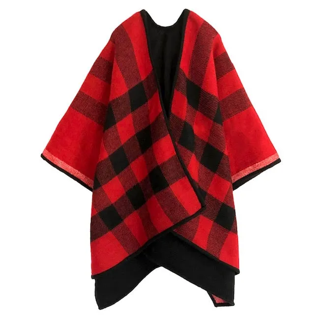 Reversible Plaid Check Pattern Buffalo Check Poncho Ruana