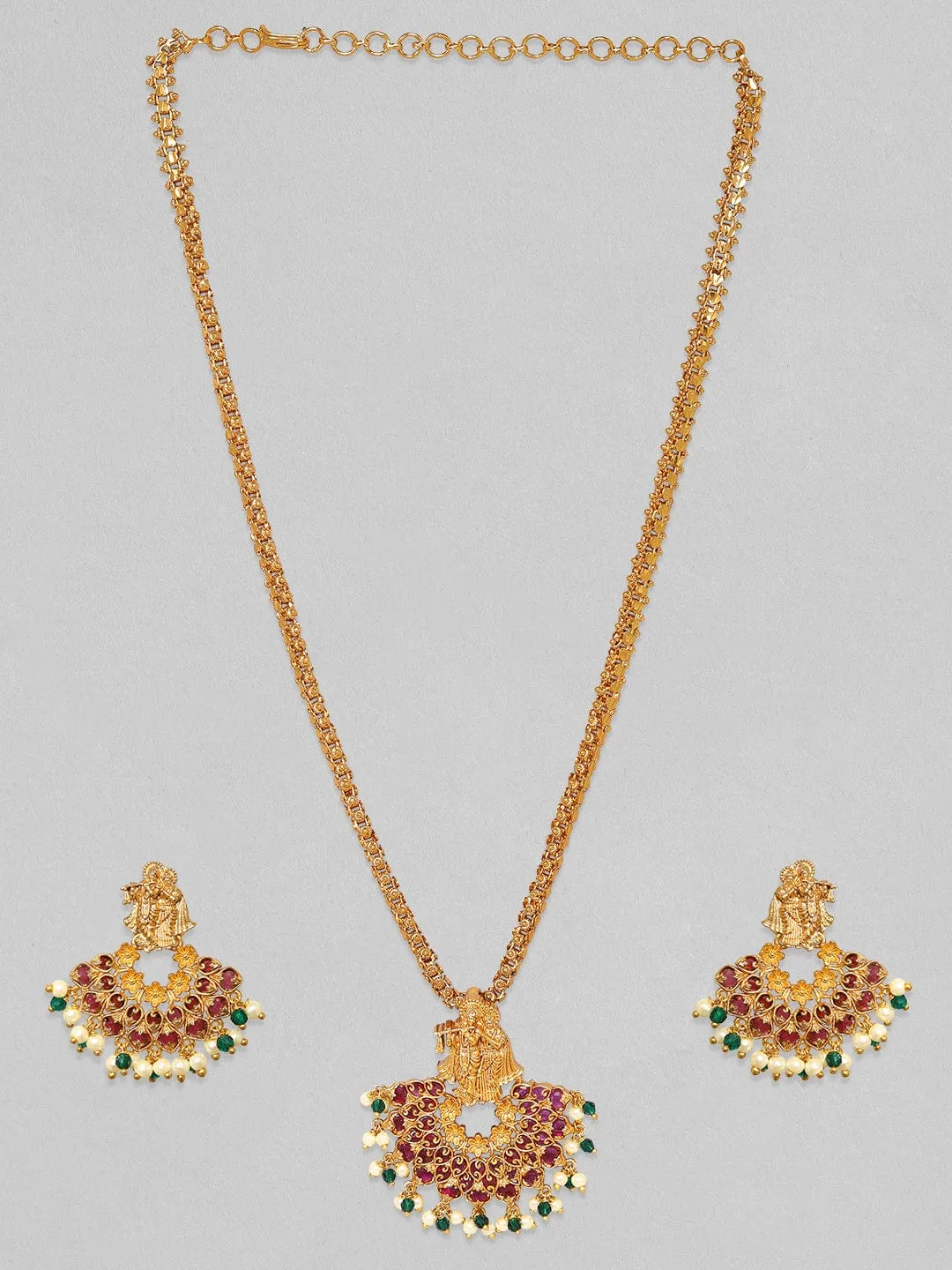 Rubans 24K Gold Plated Red Zircons And Pearl Beaded Radha Krishna Temple Jewellery Set.