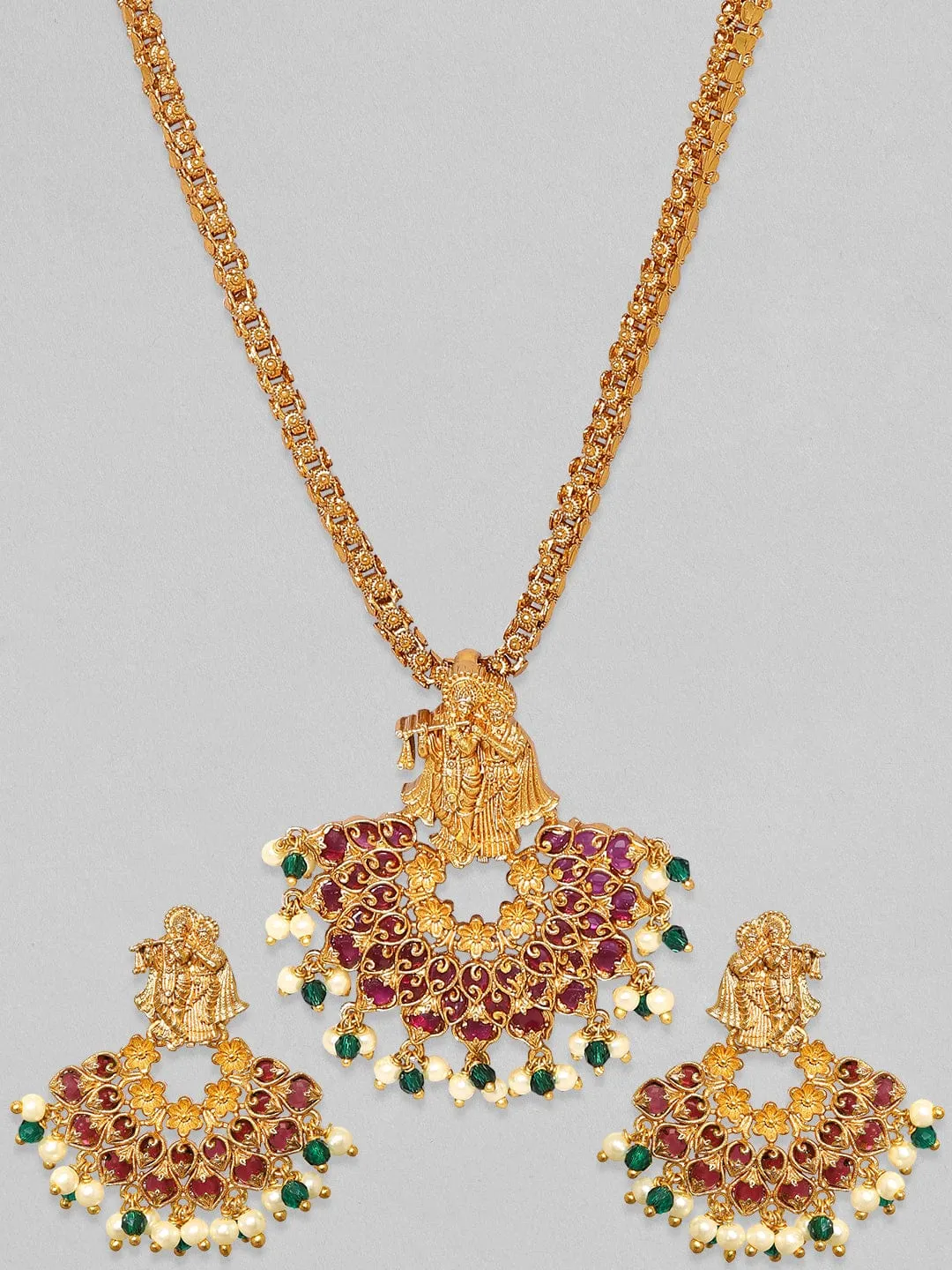 Rubans 24K Gold Plated Red Zircons And Pearl Beaded Radha Krishna Temple Jewellery Set.