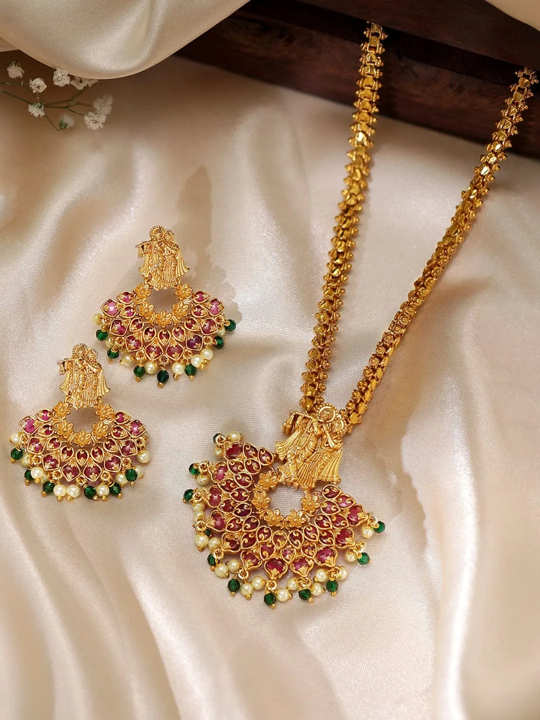 Rubans 24K Gold Plated Red Zircons And Pearl Beaded Radha Krishna Temple Jewellery Set.