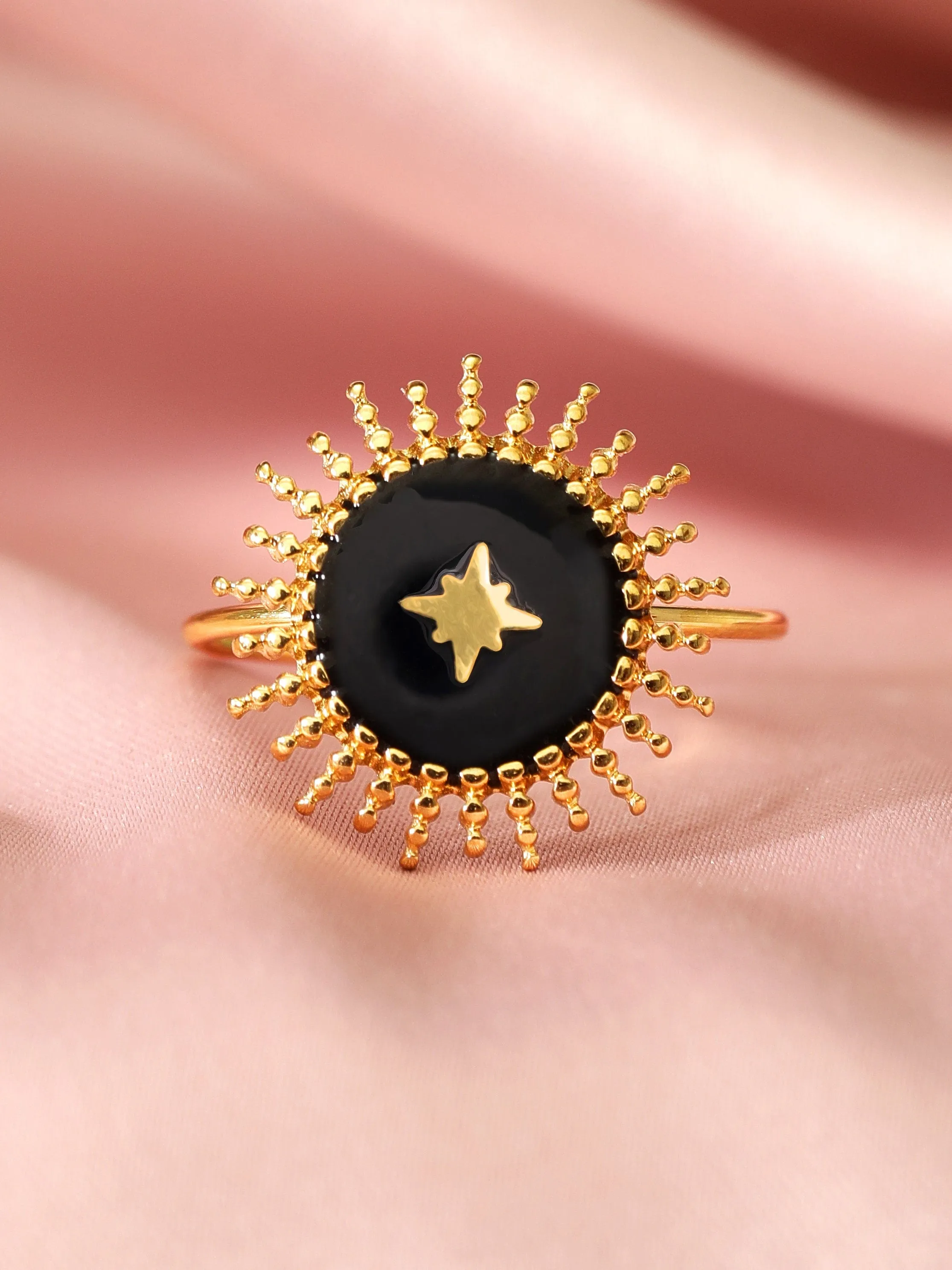 Rubans Voguish 18K Gold Plated Stainless Steel Black Enamel With Star Ring.