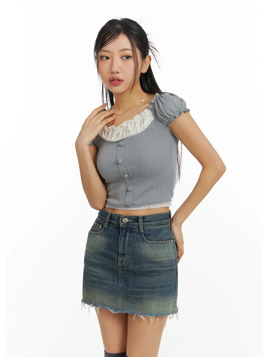 Short Puff Sleeve Lace Crop Top CF427