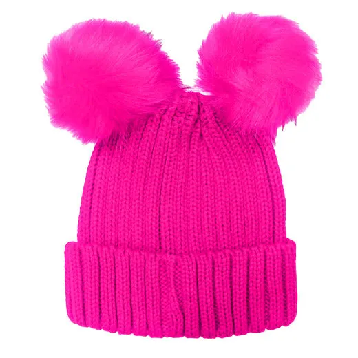 Soft Knit Double Faux Fur Pom Pom Beanie Hat