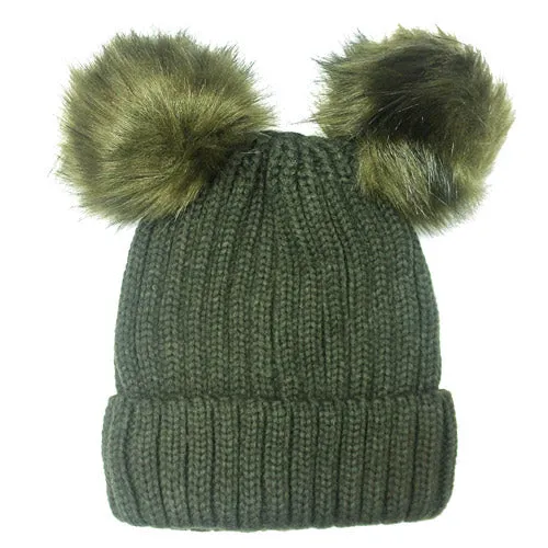 Soft Knit Double Faux Fur Pom Pom Beanie Hat