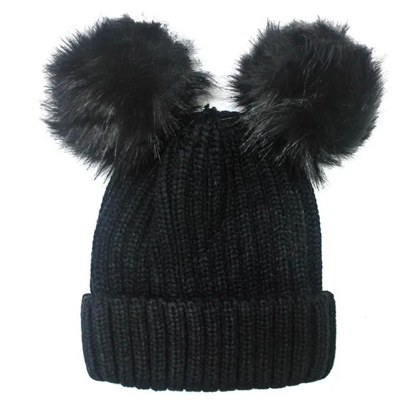 Soft Knit Double Faux Fur Pom Pom Beanie Hat