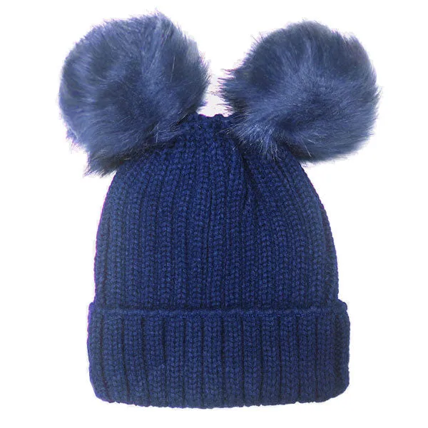 Soft Knit Double Faux Fur Pom Pom Beanie Hat