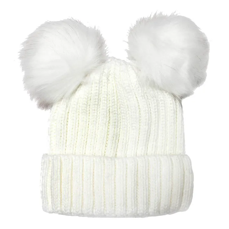 Soft Knit Double Faux Fur Pom Pom Beanie Hat