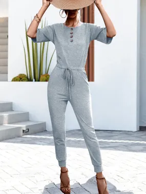 Sunset and Swim Buttoned Half Sleeve Round Neck Jumpsuit