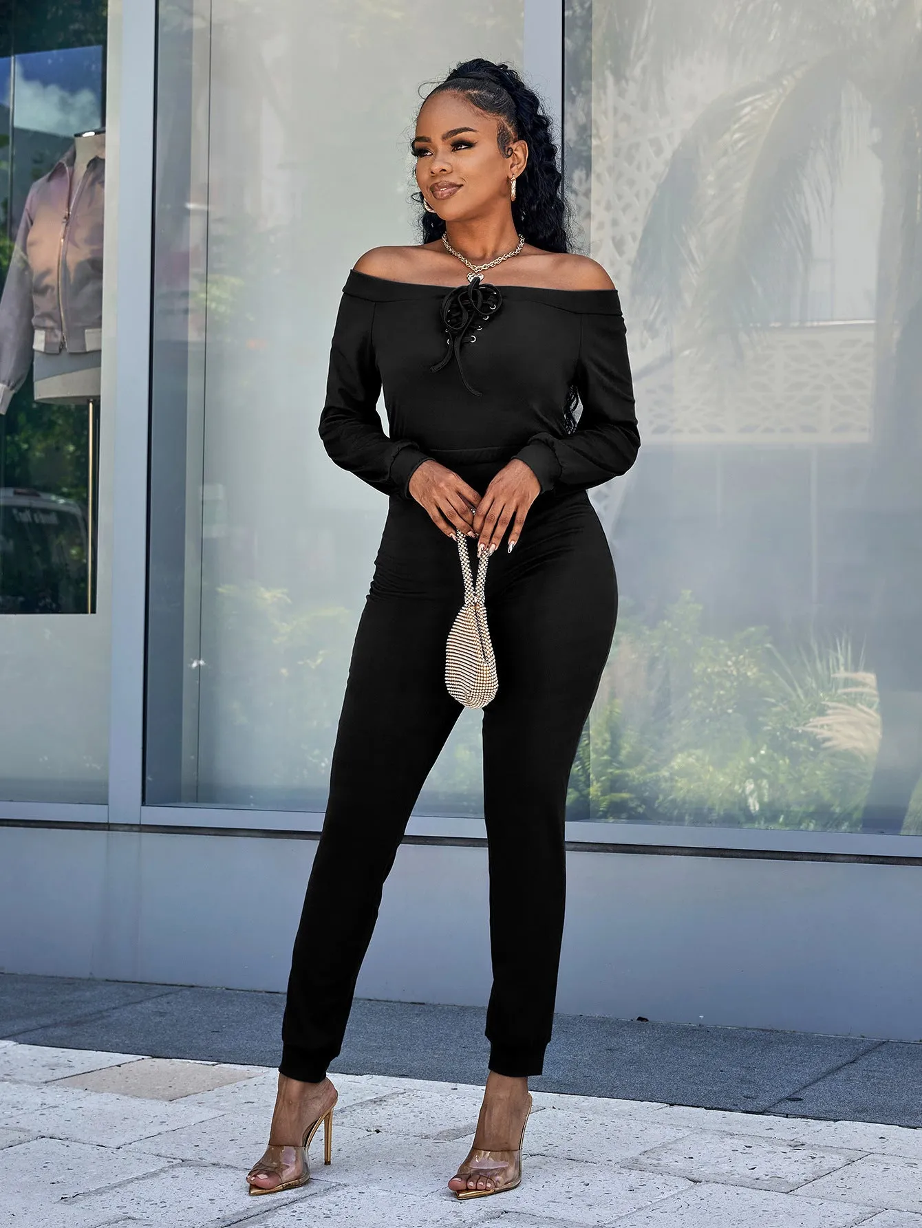 Sunset and Swim Lace-Up Off-Shoulder Long Sleeve Jumpsuit