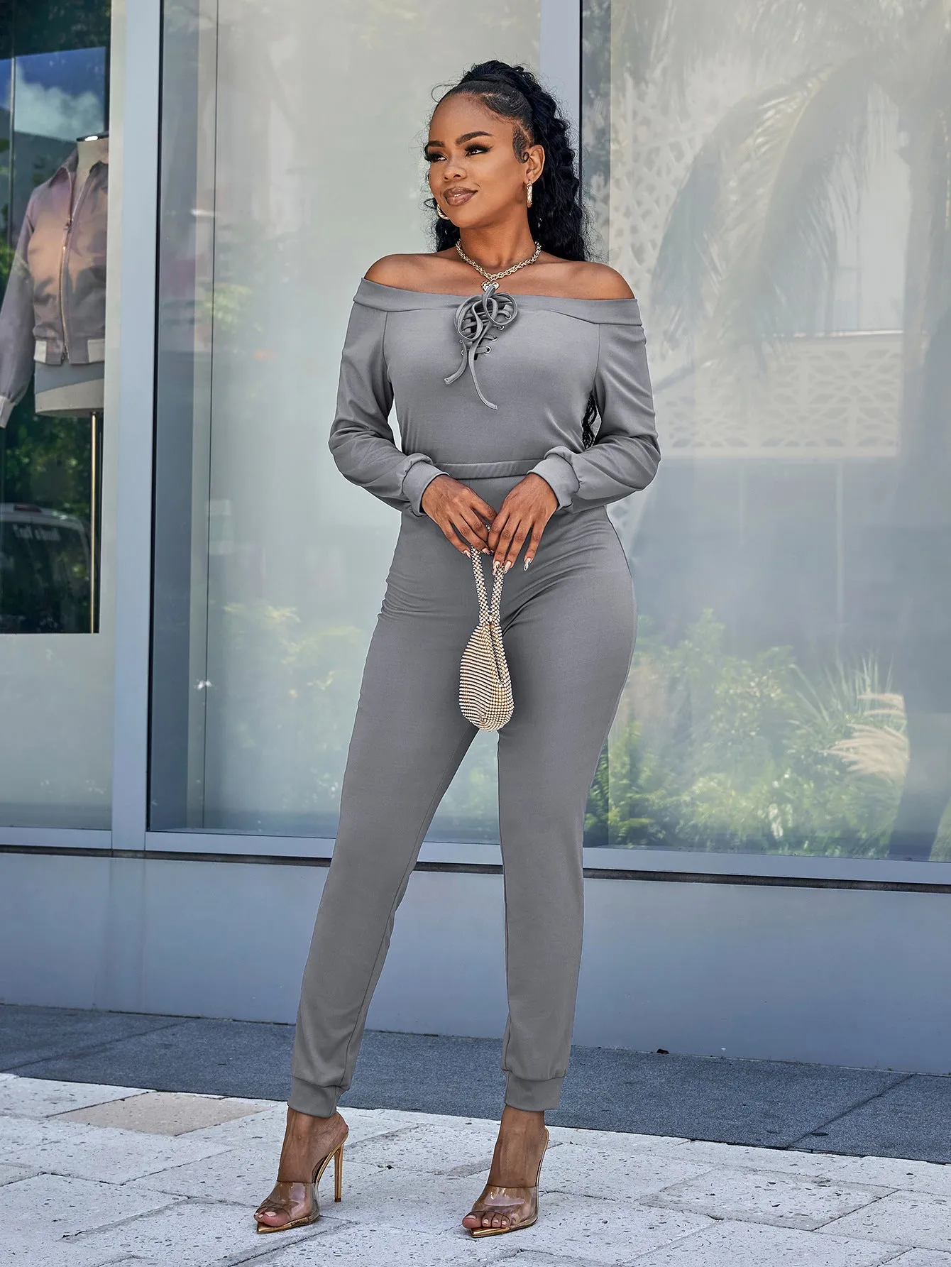 Sunset and Swim Lace-Up Off-Shoulder Long Sleeve Jumpsuit