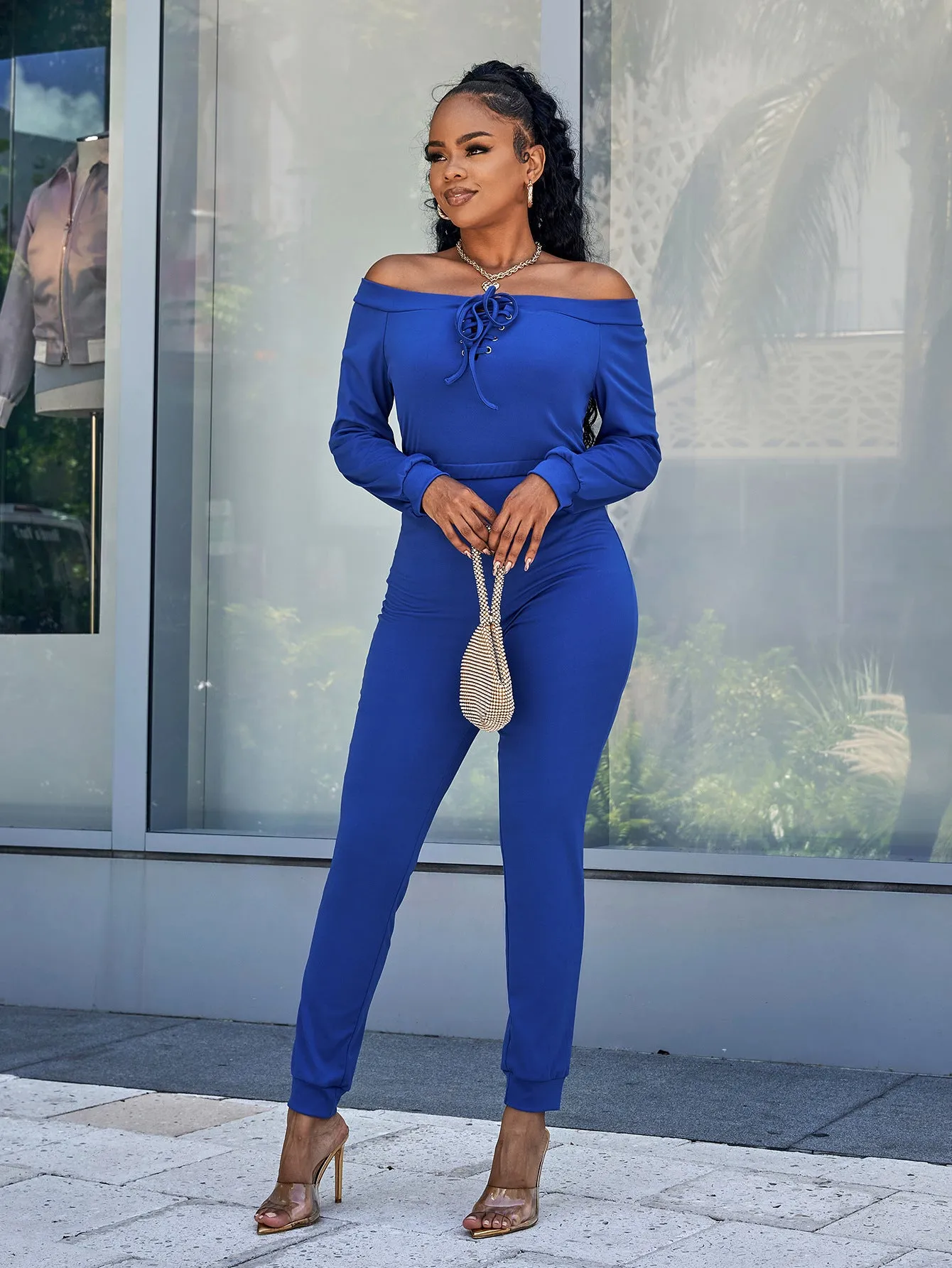 Sunset and Swim Lace-Up Off-Shoulder Long Sleeve Jumpsuit