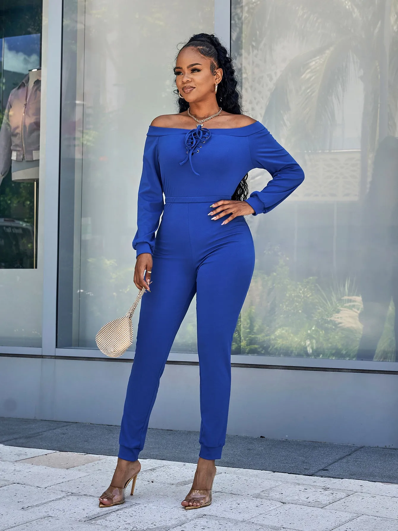 Sunset and Swim Lace-Up Off-Shoulder Long Sleeve Jumpsuit