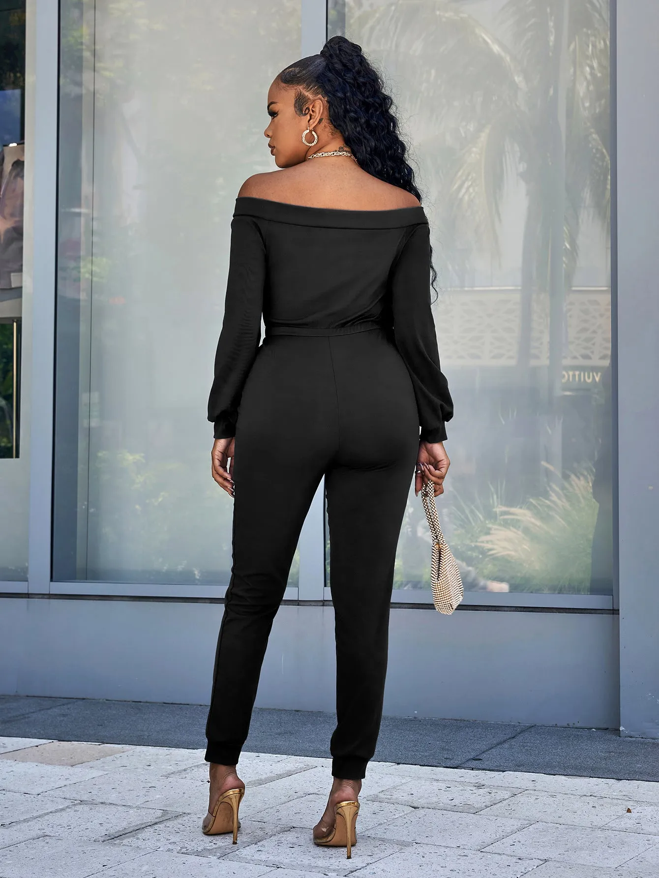 Sunset and Swim Lace-Up Off-Shoulder Long Sleeve Jumpsuit