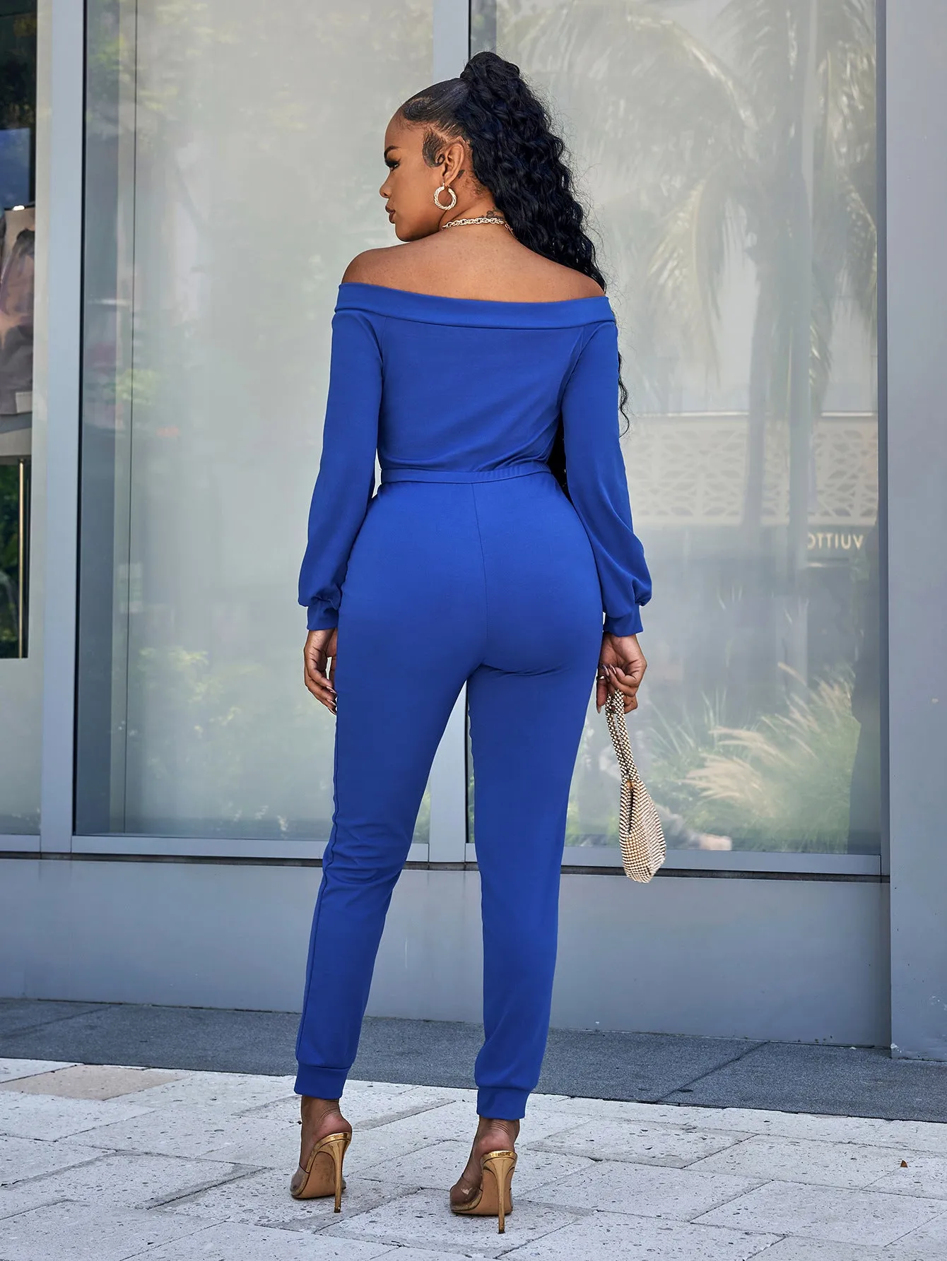 Sunset and Swim Lace-Up Off-Shoulder Long Sleeve Jumpsuit