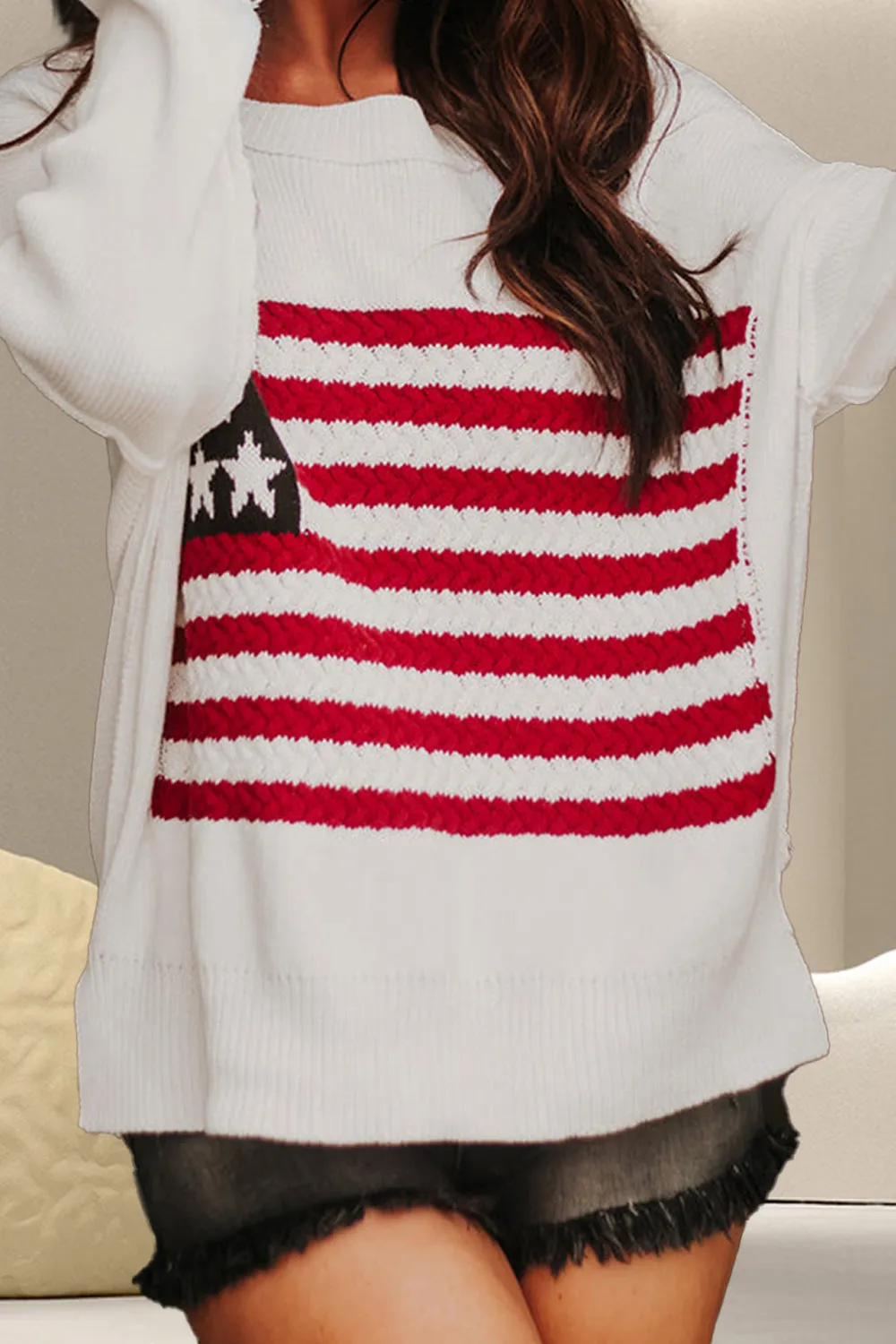 Sunset and Swim  US Flag Round Neck Long Sleeve Knit Top