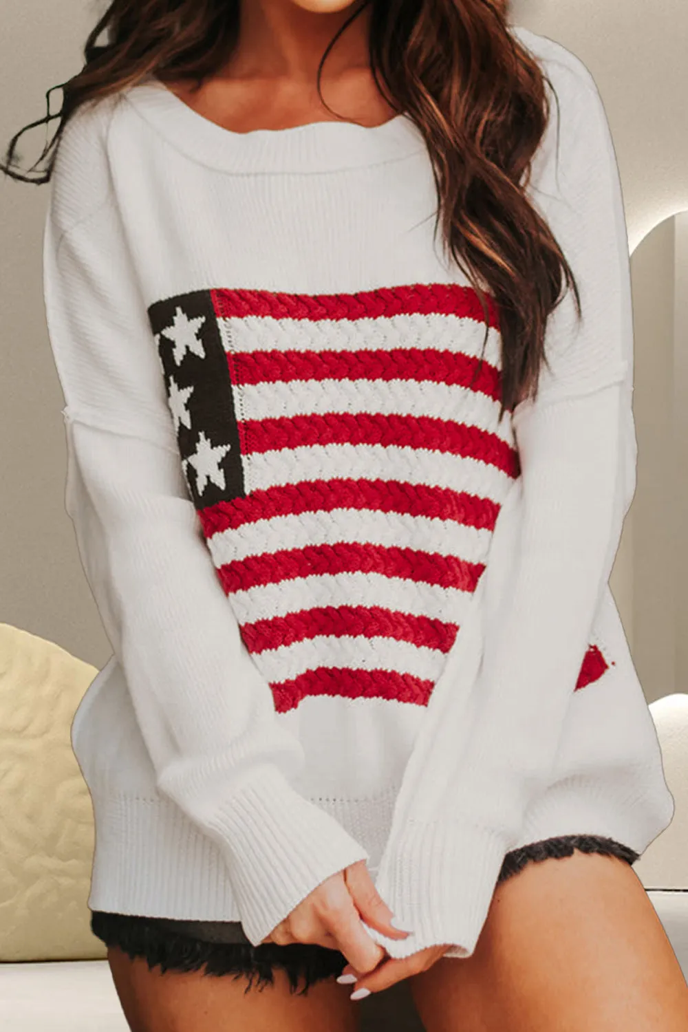 Sunset and Swim  US Flag Round Neck Long Sleeve Knit Top