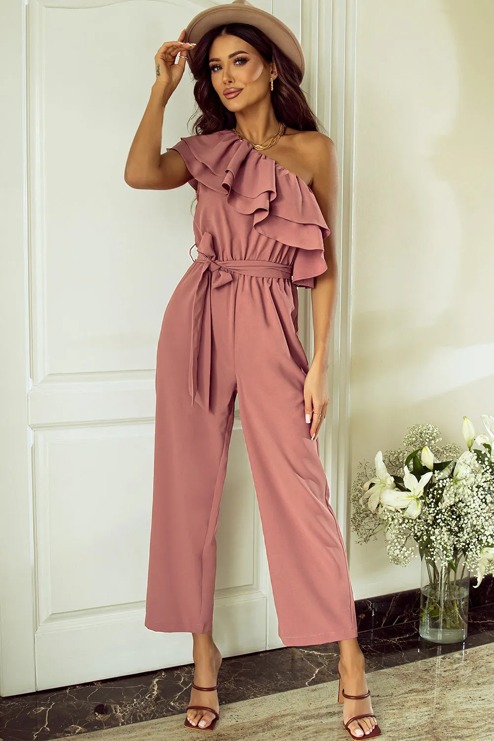 Sunset Vacation gekräuselter One-Shoulder-Jumpsuit mit Schnürung