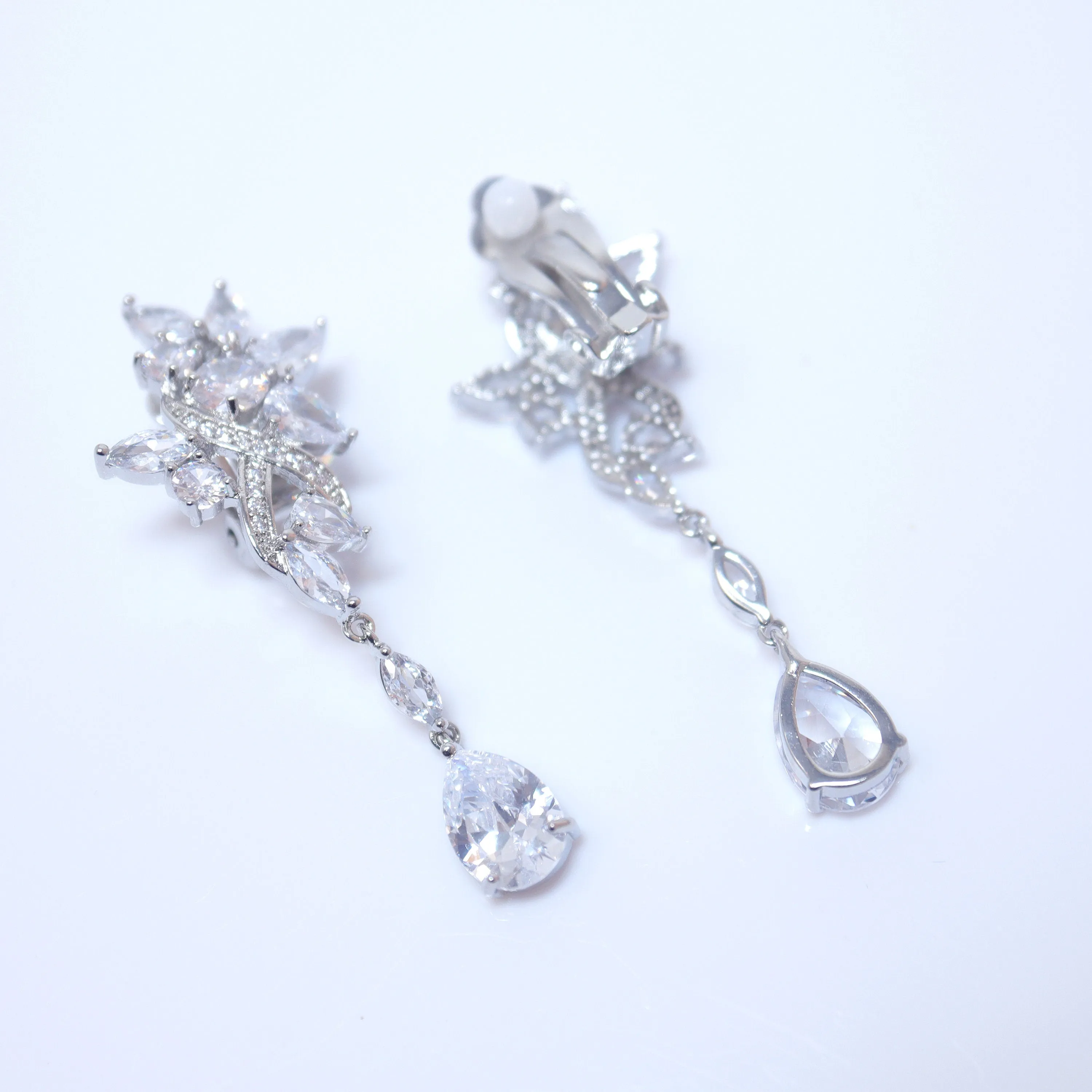 Swarovski Whimsical Garden Blooms: Clip-On Floral Earrings with Swinging Drops, Crystal Bridal Earrings, Statement Earrings Cz