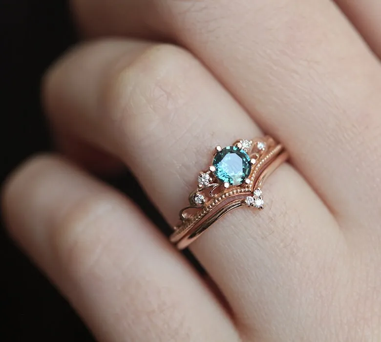 Teal Sapphire Engagement Ring, Round Antique Wedding Diamond Set, Milgrain Vintage Set