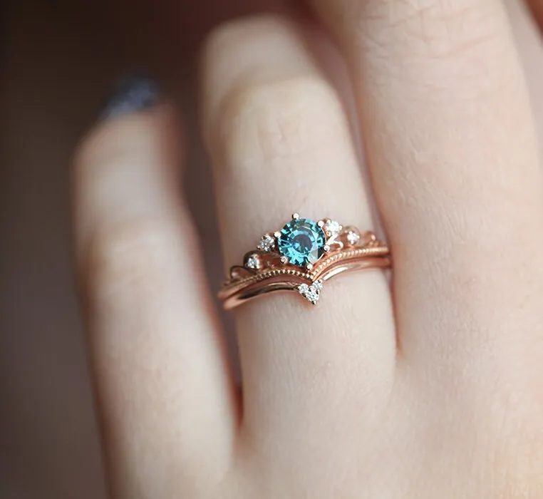 Teal Sapphire Engagement Ring, Round Antique Wedding Diamond Set, Milgrain Vintage Set