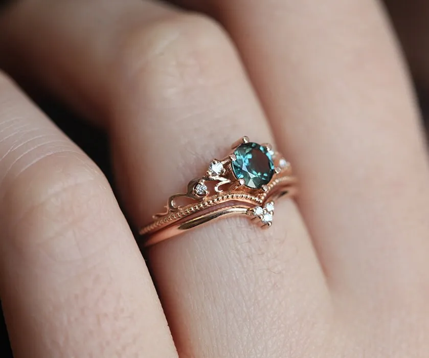 Teal Sapphire Engagement Ring, Round Antique Wedding Diamond Set, Milgrain Vintage Set