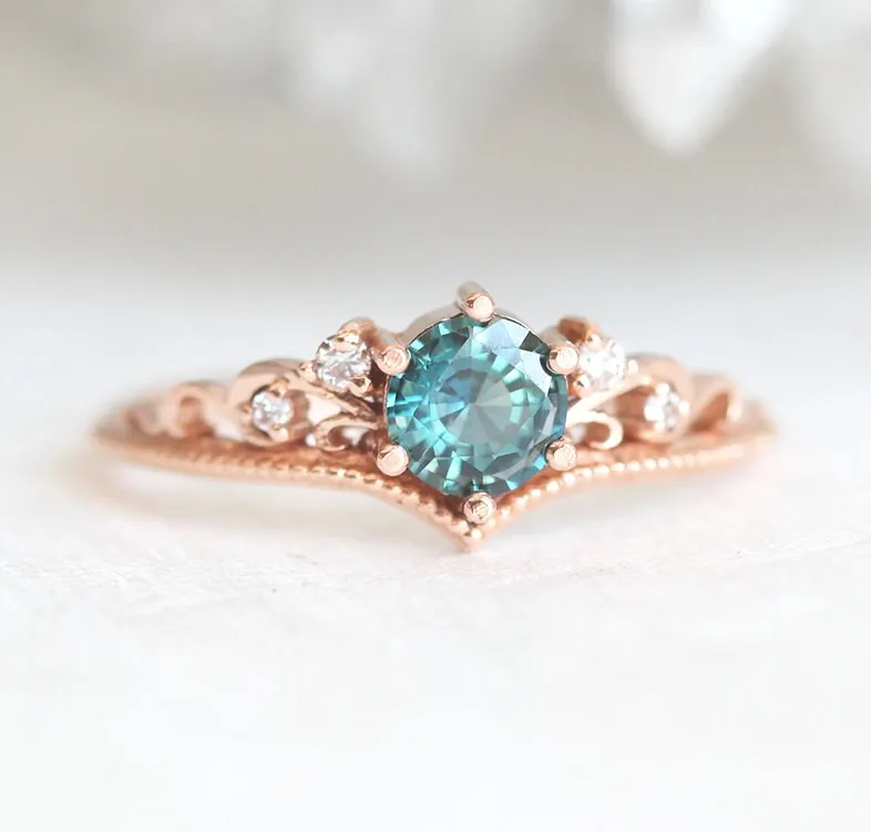 Teal Sapphire Engagement Ring, Round Antique Wedding Diamond Set, Milgrain Vintage Set